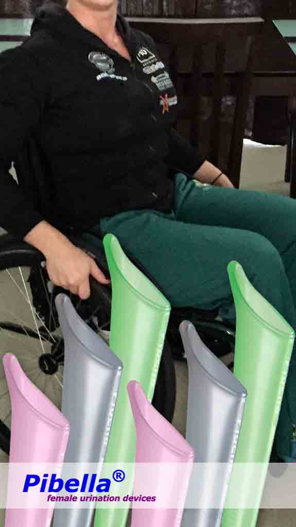 Pibella, Pibella Travel, Pibella Comfort, Female Urination Device - Woman en wheelchair with Pibella